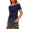 imageDarong Womens Summer Short Sleeve One Off The Shoulder Top Ruched Going Out Tops Slim Fit Y2K ShirtDark Blue
