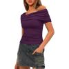 imageDarong Womens Summer Short Sleeve One Off The Shoulder Top Ruched Going Out Tops Slim Fit Y2K ShirtDark Purple