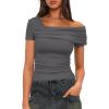 imageDarong Womens Summer Short Sleeve One Off The Shoulder Top Ruched Going Out Tops Slim Fit Y2K ShirtGrey