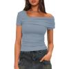 imageDarong Womens Summer Short Sleeve One Off The Shoulder Top Ruched Going Out Tops Slim Fit Y2K ShirtGrey Blue