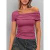 imageDarong Womens Summer Short Sleeve One Off The Shoulder Top Ruched Going Out Tops Slim Fit Y2K ShirtHot Pink