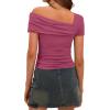 imageDarong Womens Summer Short Sleeve One Off The Shoulder Top Ruched Going Out Tops Slim Fit Y2K ShirtHot Pink