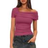 imageDarong Womens Summer Short Sleeve One Off The Shoulder Top Ruched Going Out Tops Slim Fit Y2K ShirtHot Pink