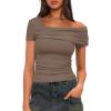 imageDarong Womens Summer Short Sleeve One Off The Shoulder Top Ruched Going Out Tops Slim Fit Y2K ShirtKhaki