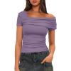 imageDarong Womens Summer Short Sleeve One Off The Shoulder Top Ruched Going Out Tops Slim Fit Y2K ShirtLavender