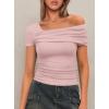 imageDarong Womens Summer Short Sleeve One Off The Shoulder Top Ruched Going Out Tops Slim Fit Y2K ShirtLight Pink