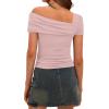 imageDarong Womens Summer Short Sleeve One Off The Shoulder Top Ruched Going Out Tops Slim Fit Y2K ShirtLight Pink