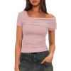imageDarong Womens Summer Short Sleeve One Off The Shoulder Top Ruched Going Out Tops Slim Fit Y2K ShirtLight Pink