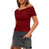 imageDarong Womens Summer Short Sleeve One Off The Shoulder Top Ruched Going Out Tops Slim Fit Y2K ShirtRed