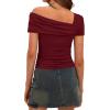 imageDarong Womens Summer Short Sleeve One Off The Shoulder Top Ruched Going Out Tops Slim Fit Y2K ShirtWine Red