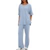 imageDarong Womens Two Piece Outfits Sets Loose Short Sleeve Side Slit Top Wide Leg Pants Lounge Sets Matching SetBlue275 Inseam