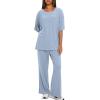 imageDarong Womens Two Piece Outfits Sets Loose Short Sleeve Side Slit Top Wide Leg Pants Lounge Sets Matching SetBlue275 Inseam