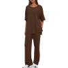 imageDarong Womens Two Piece Outfits Sets Loose Short Sleeve Side Slit Top Wide Leg Pants Lounge Sets Matching SetCoffee275 Inseam