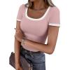 imageDarong Women Summer Short Sleeve Scoop Neck TShirts Ribbed Knit Striped Color Block Basic Shirt Casual Slim Fit Tee TopsLight Pink
