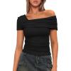 imageDarong Womens Summer Short Sleeve One Off The Shoulder Top Ruched Going Out Tops Slim Fit Y2K ShirtBlack