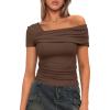 imageDarong Womens Summer Short Sleeve One Off The Shoulder Top Ruched Going Out Tops Slim Fit Y2K ShirtCoffee