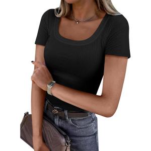 imageDarong Women Summer Short Sleeve Scoop Neck TShirts Ribbed Knit Striped Color Block Basic Shirt Casual Slim Fit Tee TopsAll Black