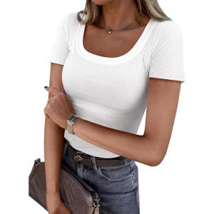 imageDarong Women Summer Short Sleeve Scoop Neck TShirts Ribbed Knit Striped Color Block Basic Shirt Casual Slim Fit Tee TopsAll White
