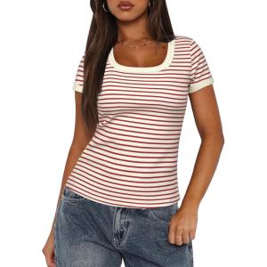 imageDarong Women Summer Short Sleeve Scoop Neck TShirts Ribbed Knit Striped Color Block Basic Shirt Casual Slim Fit Tee TopsBeige Rust Stripe