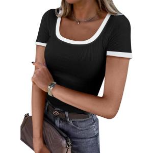 imageDarong Women Summer Short Sleeve Scoop Neck TShirts Ribbed Knit Striped Color Block Basic Shirt Casual Slim Fit Tee TopsBlack