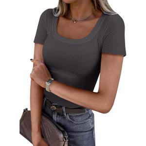 imageDarong Women Summer Short Sleeve Scoop Neck TShirts Ribbed Knit Striped Color Block Basic Shirt Casual Slim Fit Tee TopsDark Grey