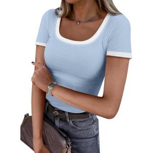 imageDarong Women Summer Short Sleeve Scoop Neck TShirts Ribbed Knit Striped Color Block Basic Shirt Casual Slim Fit Tee TopsLight Blue