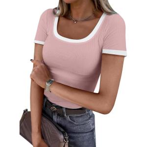 imageDarong Women Summer Short Sleeve Scoop Neck TShirts Ribbed Knit Striped Color Block Basic Shirt Casual Slim Fit Tee TopsLight Pink