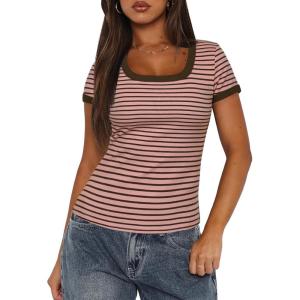 imageDarong Women Summer Short Sleeve Scoop Neck TShirts Ribbed Knit Striped Color Block Basic Shirt Casual Slim Fit Tee TopsPink Coffee Stripe