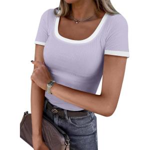 imageDarong Women Summer Short Sleeve Scoop Neck TShirts Ribbed Knit Striped Color Block Basic Shirt Casual Slim Fit Tee TopsTaro Purple