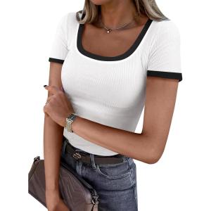 imageDarong Women Summer Short Sleeve Scoop Neck TShirts Ribbed Knit Striped Color Block Basic Shirt Casual Slim Fit Tee TopsWhite