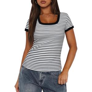 imageDarong Women Summer Short Sleeve Scoop Neck TShirts Ribbed Knit Striped Color Block Basic Shirt Casual Slim Fit Tee TopsWhtie Black Stripe