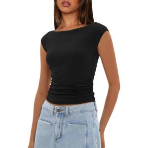 imageDarong Womens Summer Boat Neck Tops Trendy Casual Cap Sleeve Slim Fitted Modal Basic Tee ShirtsBlack