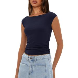 imageDarong Womens Summer Boat Neck Tops Trendy Casual Cap Sleeve Slim Fitted Modal Basic Tee ShirtsDark Blue