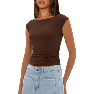imageDarong Womens Summer Boat Neck Tops Trendy Casual Cap Sleeve Slim Fitted Modal Basic Tee ShirtsDark Coffee