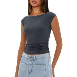 imageDarong Womens Summer Boat Neck Tops Trendy Casual Cap Sleeve Slim Fitted Modal Basic Tee ShirtsGrey