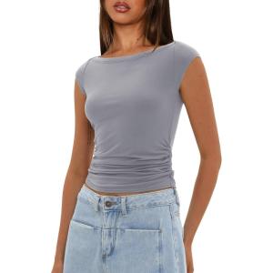 imageDarong Womens Summer Boat Neck Tops Trendy Casual Cap Sleeve Slim Fitted Modal Basic Tee ShirtsGrey Blue