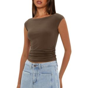 imageDarong Womens Summer Boat Neck Tops Trendy Casual Cap Sleeve Slim Fitted Modal Basic Tee ShirtsKhaki