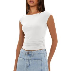 imageDarong Womens Summer Boat Neck Tops Trendy Casual Cap Sleeve Slim Fitted Modal Basic Tee ShirtsWhite