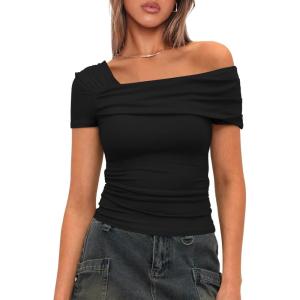 imageDarong Womens Summer Short Sleeve One Off The Shoulder Top Ruched Going Out Tops Slim Fit Y2K ShirtBlack