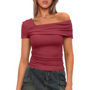 imageDarong Womens Summer Short Sleeve One Off The Shoulder Top Ruched Going Out Tops Slim Fit Y2K ShirtBrick Red