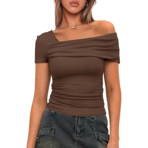 imageDarong Womens Summer Short Sleeve One Off The Shoulder Top Ruched Going Out Tops Slim Fit Y2K ShirtCoffee