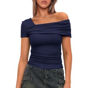 imageDarong Womens Summer Short Sleeve One Off The Shoulder Top Ruched Going Out Tops Slim Fit Y2K ShirtDark Blue