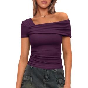 imageDarong Womens Summer Short Sleeve One Off The Shoulder Top Ruched Going Out Tops Slim Fit Y2K ShirtDark Purple