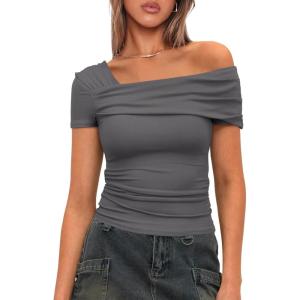 imageDarong Womens Summer Short Sleeve One Off The Shoulder Top Ruched Going Out Tops Slim Fit Y2K ShirtGrey