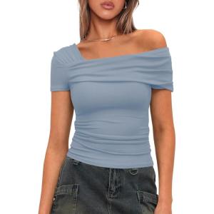 imageDarong Womens Summer Short Sleeve One Off The Shoulder Top Ruched Going Out Tops Slim Fit Y2K ShirtGrey Blue