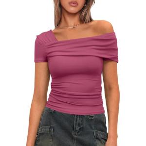 imageDarong Womens Summer Short Sleeve One Off The Shoulder Top Ruched Going Out Tops Slim Fit Y2K ShirtHot Pink
