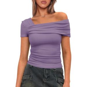 imageDarong Womens Summer Short Sleeve One Off The Shoulder Top Ruched Going Out Tops Slim Fit Y2K ShirtLavender
