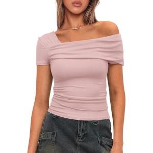 imageDarong Womens Summer Short Sleeve One Off The Shoulder Top Ruched Going Out Tops Slim Fit Y2K ShirtLight Pink