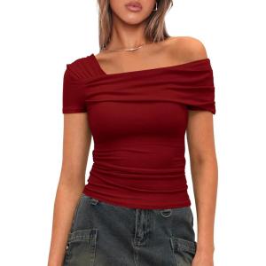 imageDarong Womens Summer Short Sleeve One Off The Shoulder Top Ruched Going Out Tops Slim Fit Y2K ShirtRed