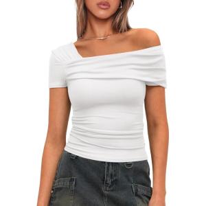 imageDarong Womens Summer Short Sleeve One Off The Shoulder Top Ruched Going Out Tops Slim Fit Y2K ShirtWhite
